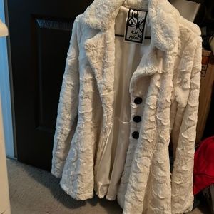 White and black button fluffy jacket, used!